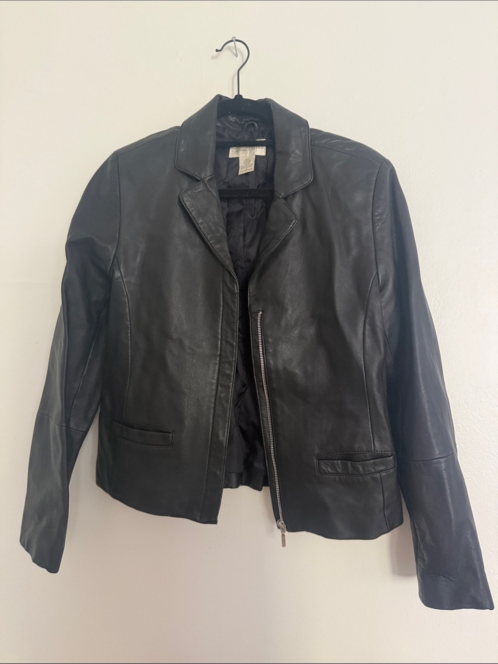 Casual Corner Black Leather Zip-Front Jacket, Size Medium